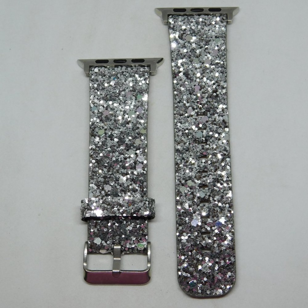 WALOO Silver Tone Glitter Genuine Leather Women's Apple Watch Band 35mm